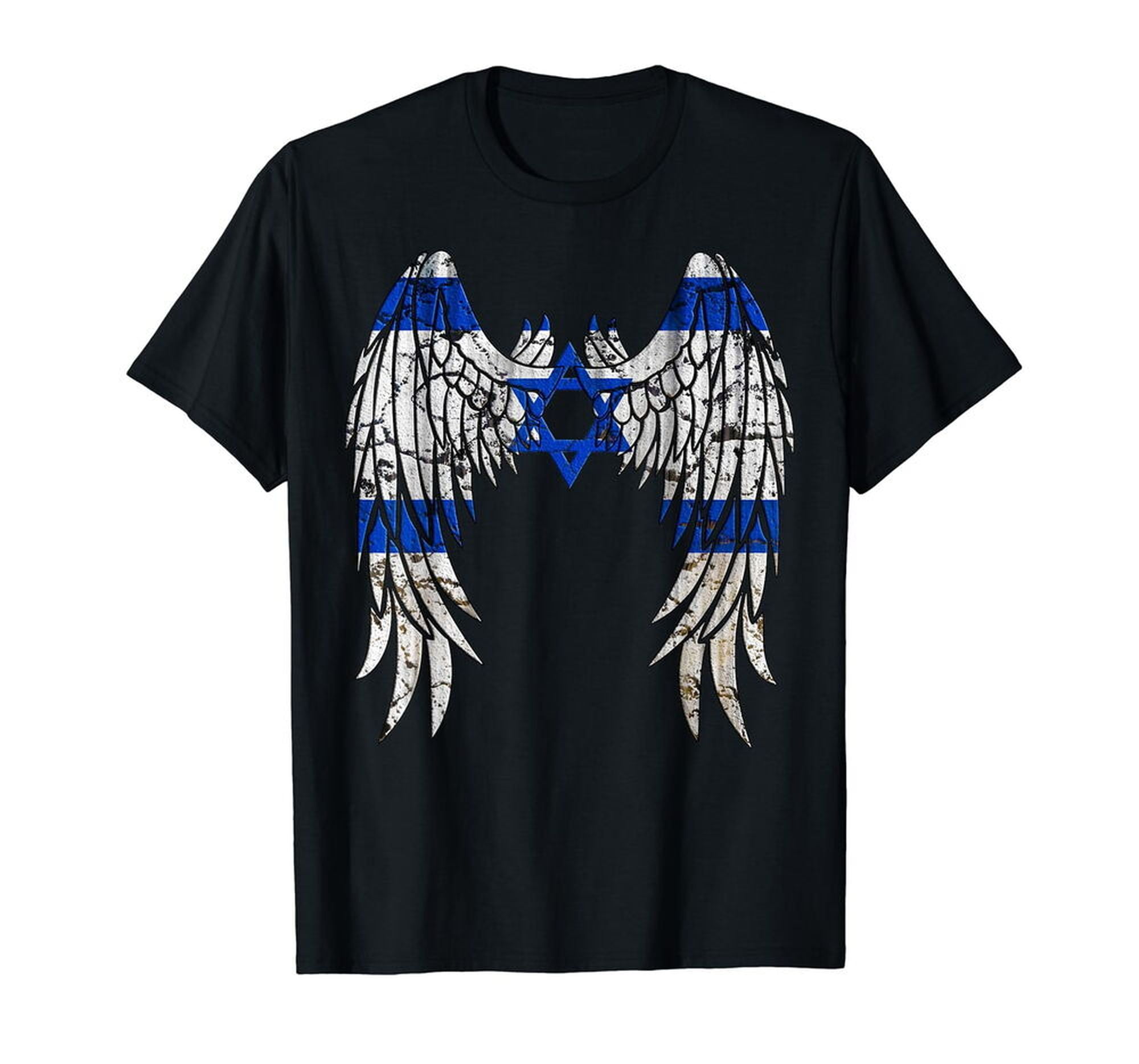 Jerusalem Skyline Israeli Angel Wings & Star of David Flag Black Tee