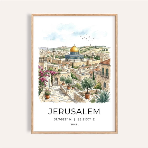 Jerusalem Travel Poster, Gilded Dome, Stone Buildings Physical Wall Art , Poster Print Only