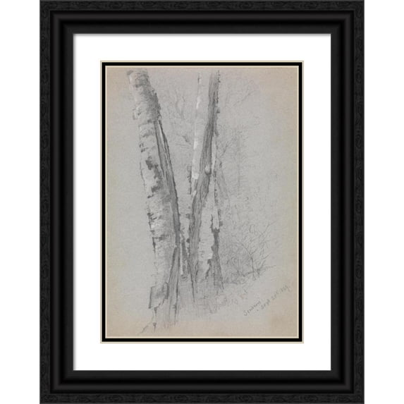 Jervis McEntee 18x24 Black Ornate Framed Double Matted Museum Art Print Titled: Study of Birch Trunks (Scribners’) (1869)