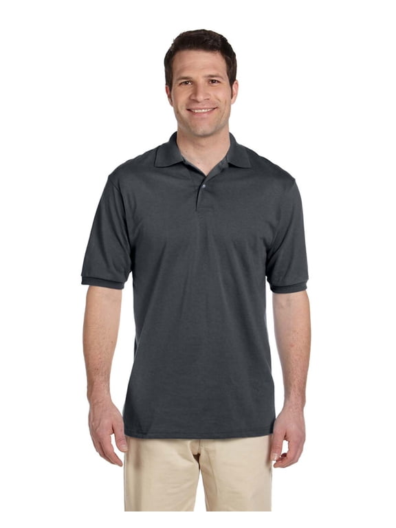 Men's 2 Button Knit Collar Polo Shirt, Charcoal Grey, X-Large