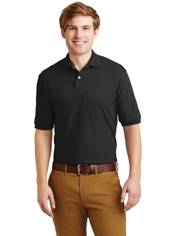 Men's 2 Button Placket Welt Knit Collar Polo Shirt, Black, Medium