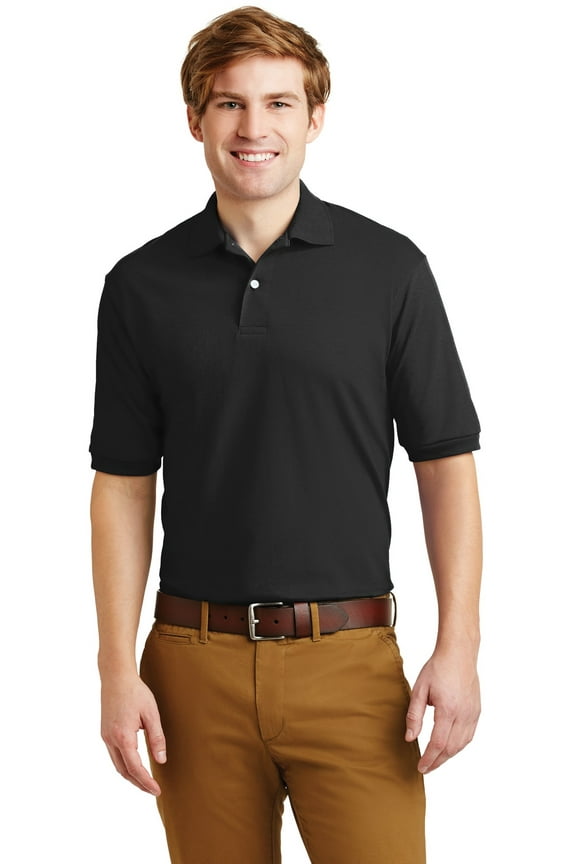 Men's 2 Button Placket Welt Knit Collar Polo Shirt, Black, Medium
