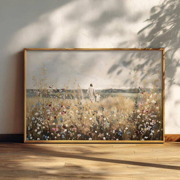 Jes-us And Little Girl Walking In Flower Field Prints Painting Art Prints Picture Home Bedroom Christian Religious Farmhouse Decoration No Frame