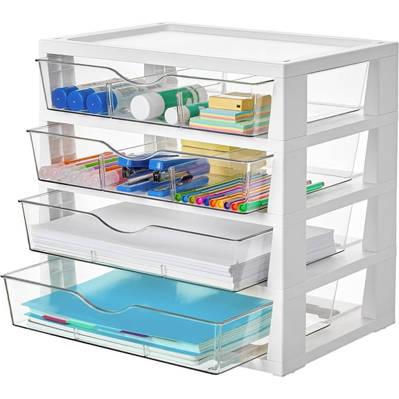 Jeskie Clear Desk Organizer, 4-Tier Assemble Desktop File Organizer with Drawers, Office Desk Organization for Office Supplies
