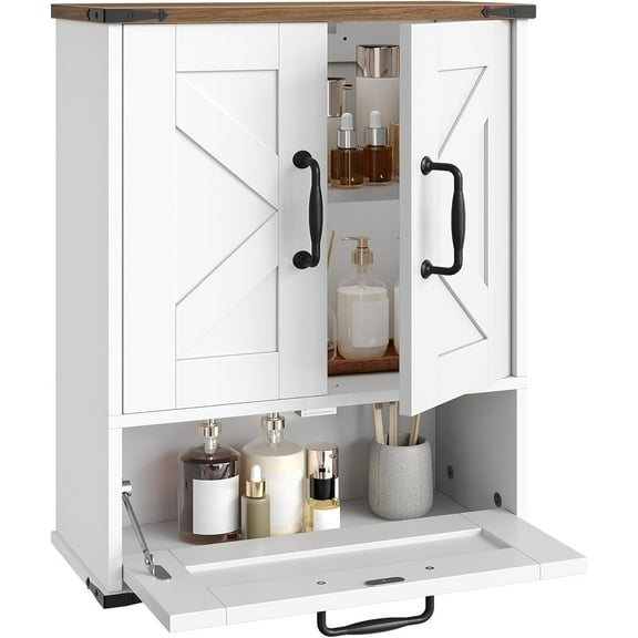 Jeskie Farmhouse Wall Mounted Cabinet with Adjustable Shelf, Medicine Cabinet with Flip-Down Door, Over The Toilet Bathroom Organizer, for Small Bathroom, Kitchen, White and Walnut