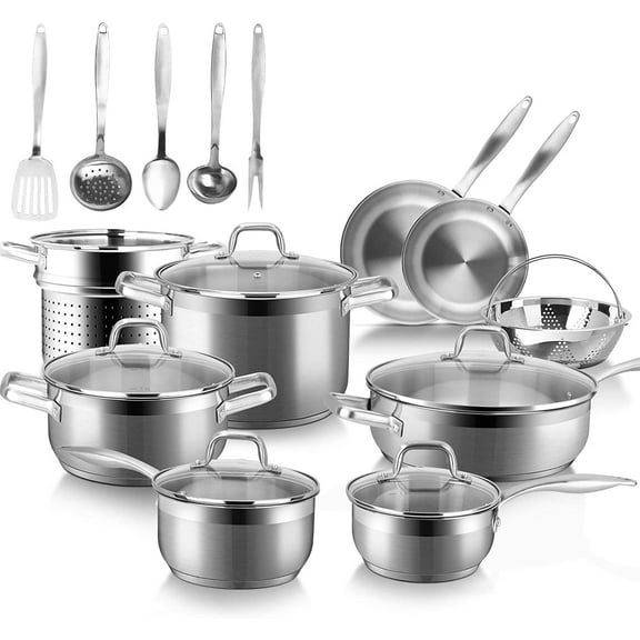Hakelli Professional Stainless Steel Induction Cookware Set, 19PC Kitchen Pots and Pans Set, Heavy Bottom with Impact-bonded Technology