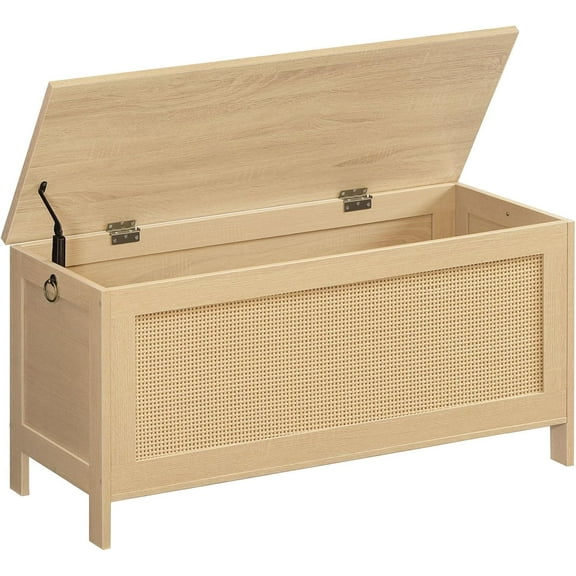 Jeskie Storage Bench, Large Toy Box, Storage Chest with Faux Rattan Decoration, Toy Chest, 39.4'' Toy Storage Organizer, Safety Hinge and Sturdy Support, for Living Room, Bedroom, Natural NL101CW01