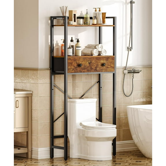 Jeskie Over The Toilet Storage Rack with 2 Drawers, 3-Tier Bathroom Organizer Shelf Over Toilet, Freestanding Space Saver Bathroom Toilet Shelves Above Toilet for Room, Rustic Brown and Black