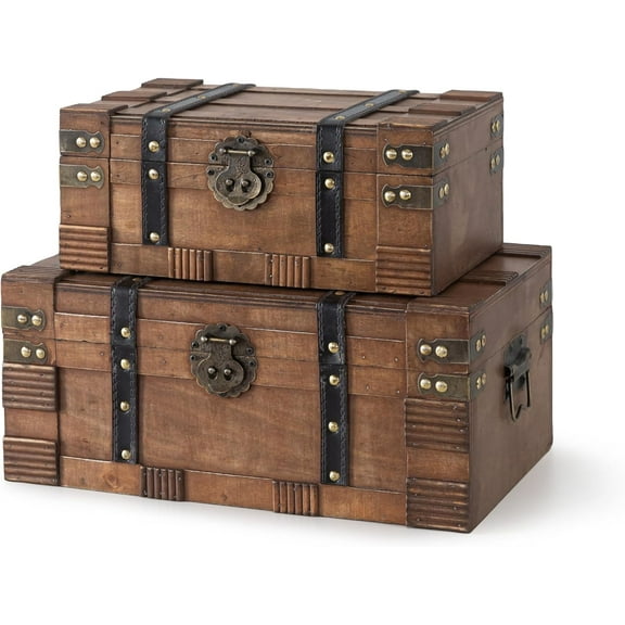 Jeskie Wooden Boxes with Hinged Lids - Set of 2, Decorative Trunks for Storage and Home Decor, Light Brown Antique Wood Treasure Chests for Keepsakes