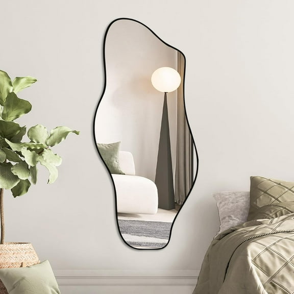 Jesmaikor Large Irregular Wall Mirror 47.2"x21", Unique Shaped Black Asymmetrical Mirror, Modern Oblong Wavy Mirror, Cloud Mirror for Living Room, Bathroom, Entryway, Dining Room