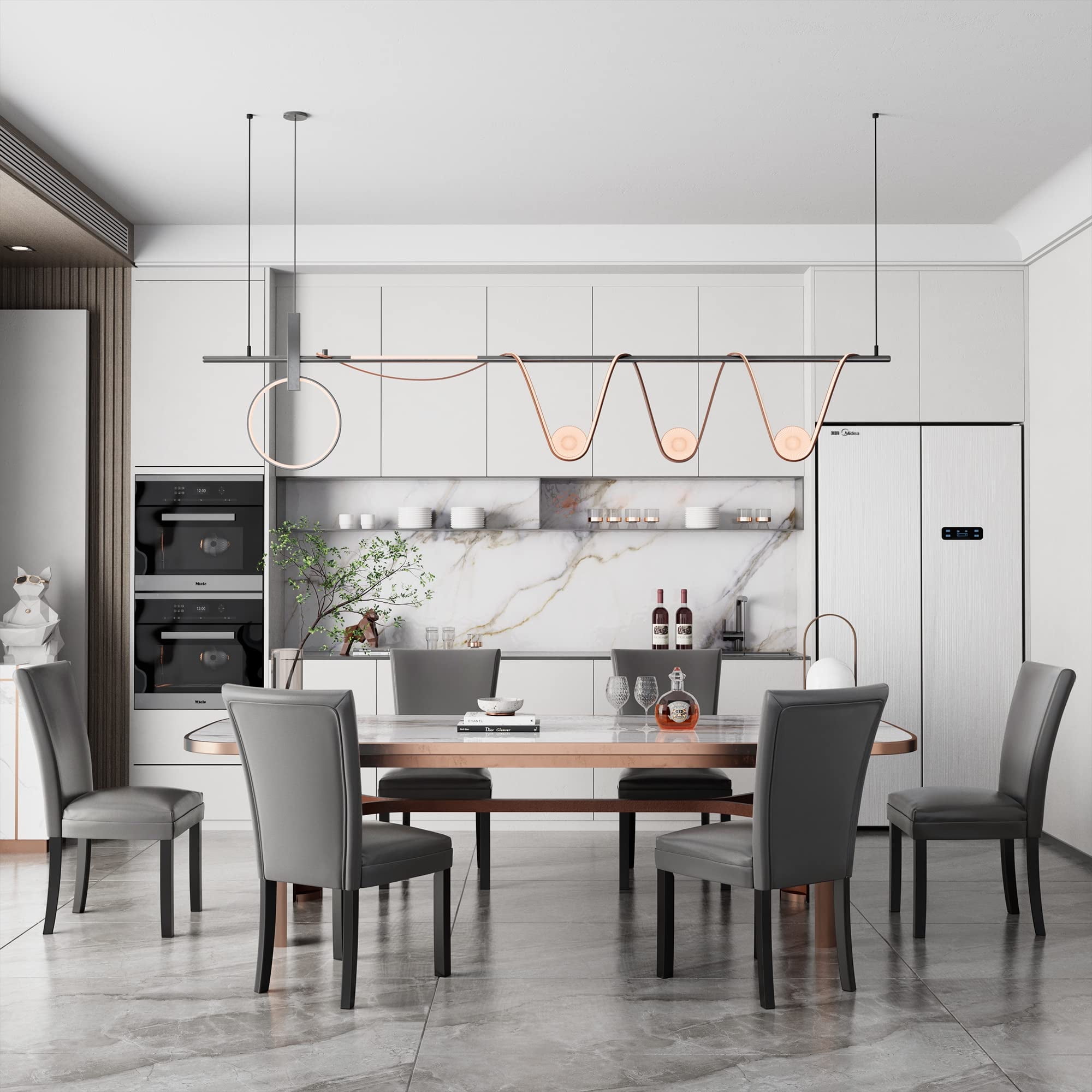 Jesonvid Faux Leather and Solid Wood Dining Side Chairs, Gray（Set of 6）