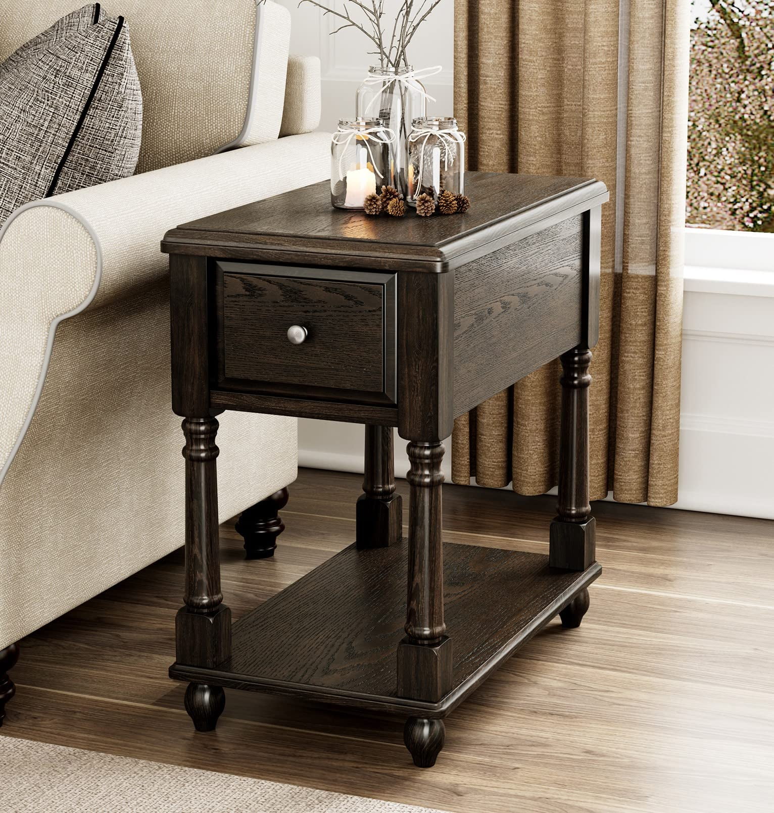 Jesonvid Narrow Open End Table with Drawer Solid Wood Side Table 2 Tier Skinny Table with Storage Shelves Slim Nightstand Small Sofa End Table for Living Room Bedroom Antique Black Walmart