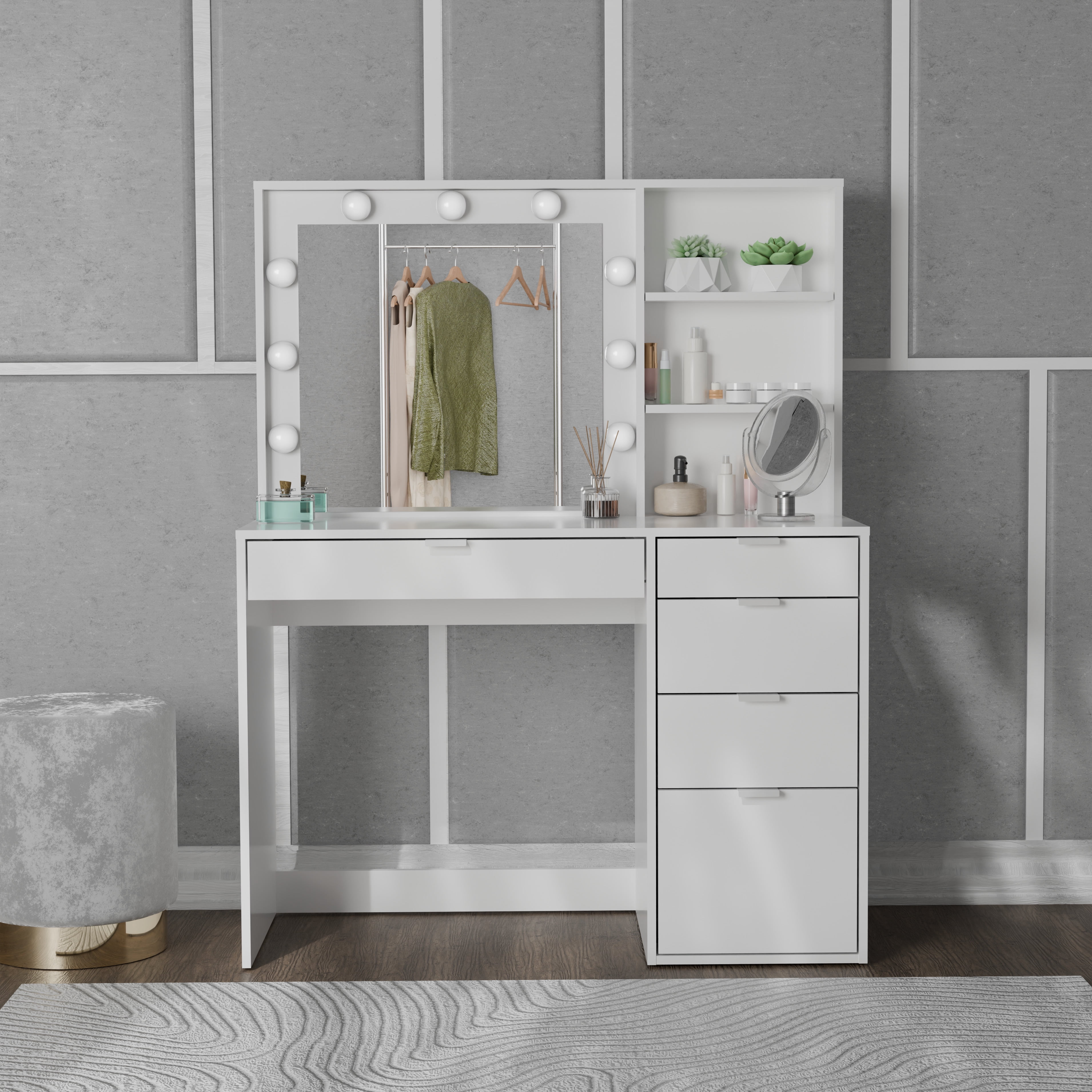 Kappesberg Jess Lighted Vanity Table: Functionality and Style for Your Space, for Adults and Teens - White
