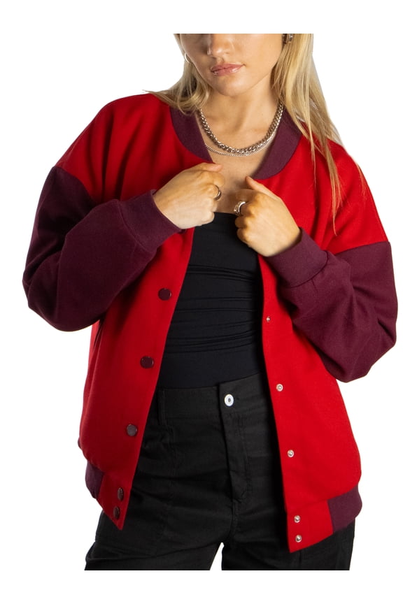 Women's Classic Color Blocked Long Sleeves Snap Button Varsity Jacket M Red