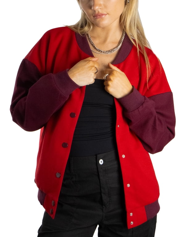 Women's Classic Color Blocked Long Sleeves Snap Button Varsity Jacket S Red
