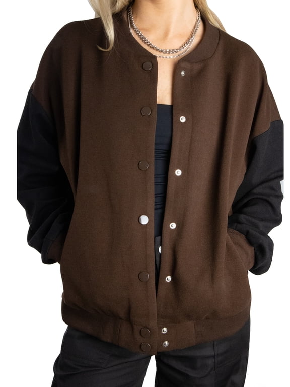 Women's Classic Color Blocked Snap Button Crew Neck Long Sleeves Varsity Jacket L Brown