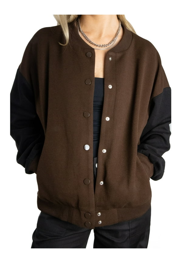 Women's Classic Color Blocked Snap Button Crew Neck Long Sleeves Varsity Jacket XS Brown