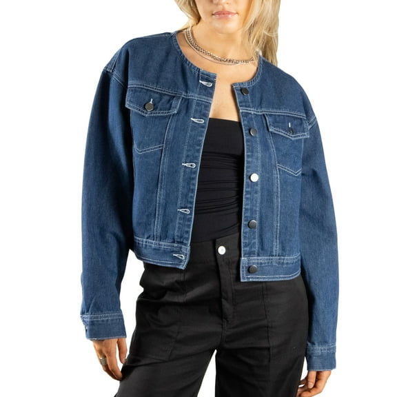 Jess by Meiko Women's Jean Jacket Collarless Long Sleeve Mini Crop Denim Jacket L Blue