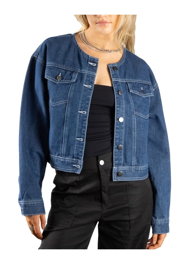 Women's Jean Jacket Collarless Long Sleeve Mini Crop Denim Jacket L Blue