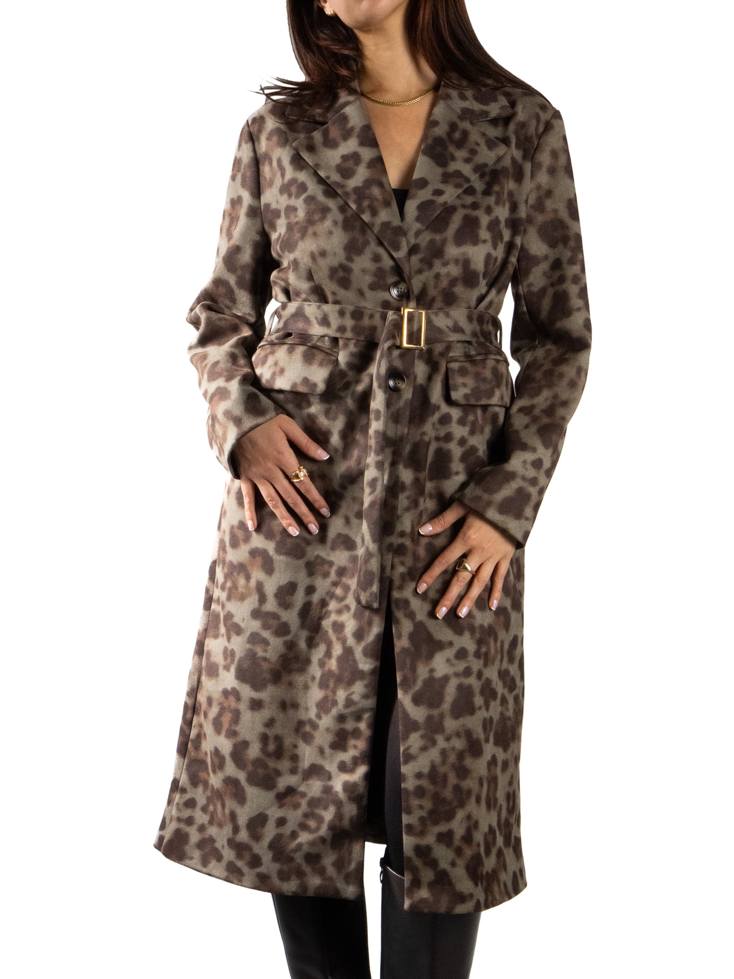 Jess by Meiko Women's Faux Suede Animal Print Trench Coat L Beige