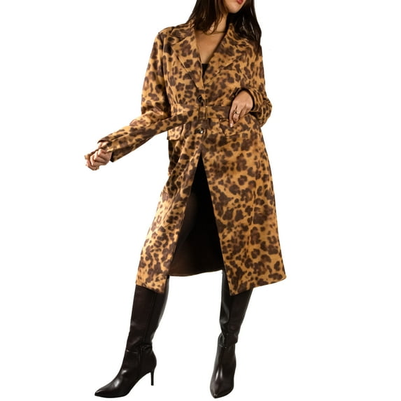 Jess by Meiko Women's Coats Faux Suede Leopard Print Belted Trench Coat XS Brown