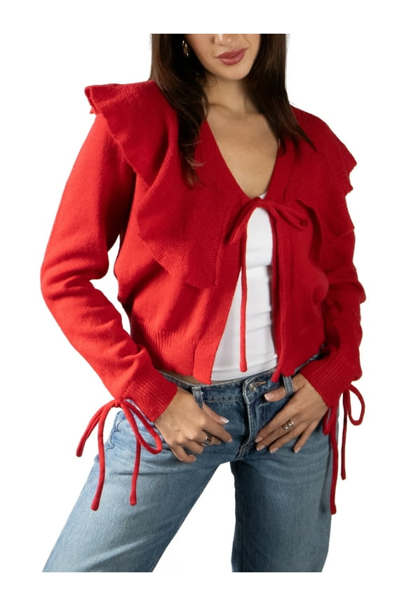 Women's Sweaters Long Sleeves Flouncy Collar Tie Cardigan M Red