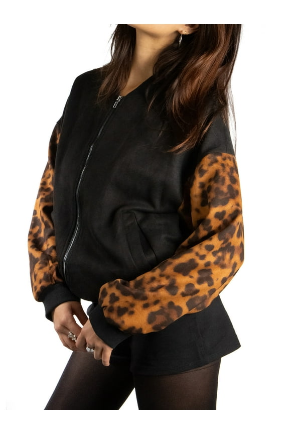 Women's Jackets Leopard Long Sleeves Zip Up Bomber Jacket XS Black