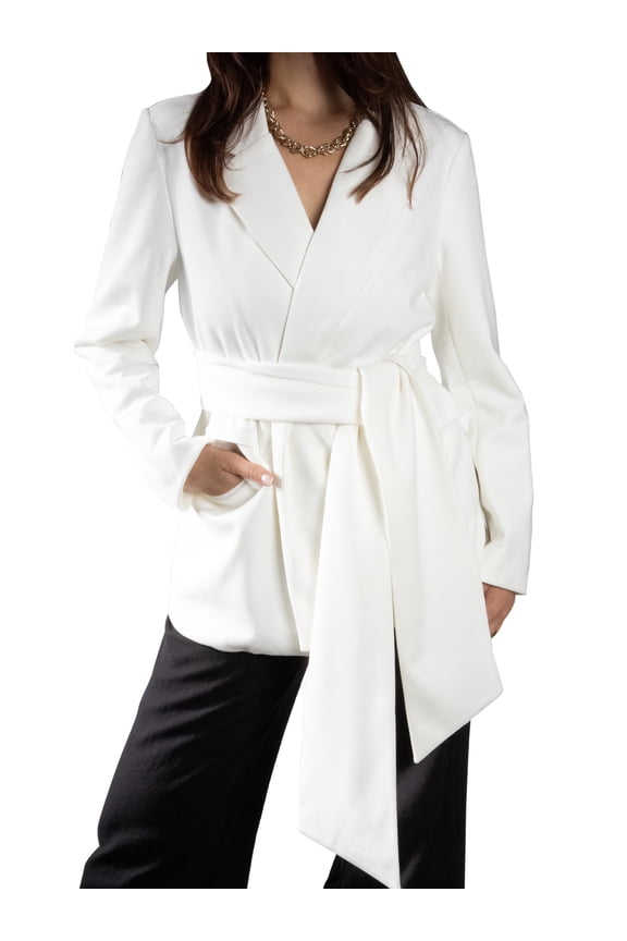 Women's Faux Suede Jackets Long Sleeves Notched Lapel Wear-to-Work Wrap Belt Blazer S White