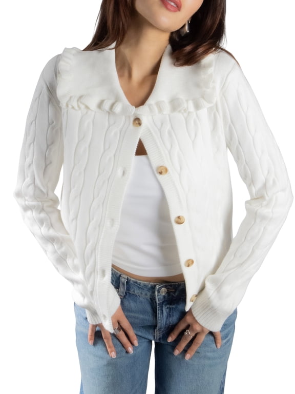 Women's Cable Knit Cardigan Sweater Long Sleeve Button Down Ruffle Collar Soft Knitwear M White