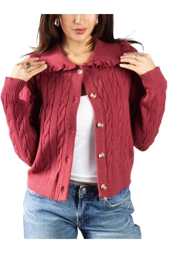 Women's Sweater Long Sleeves Button Ruffle Collar Cable Knit Cardigan XS Red