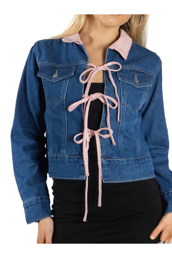Women's Jackets Long Sleeves Collared Contrast Color Tie Denim Jacket S Medium Denim Blue/ Pink