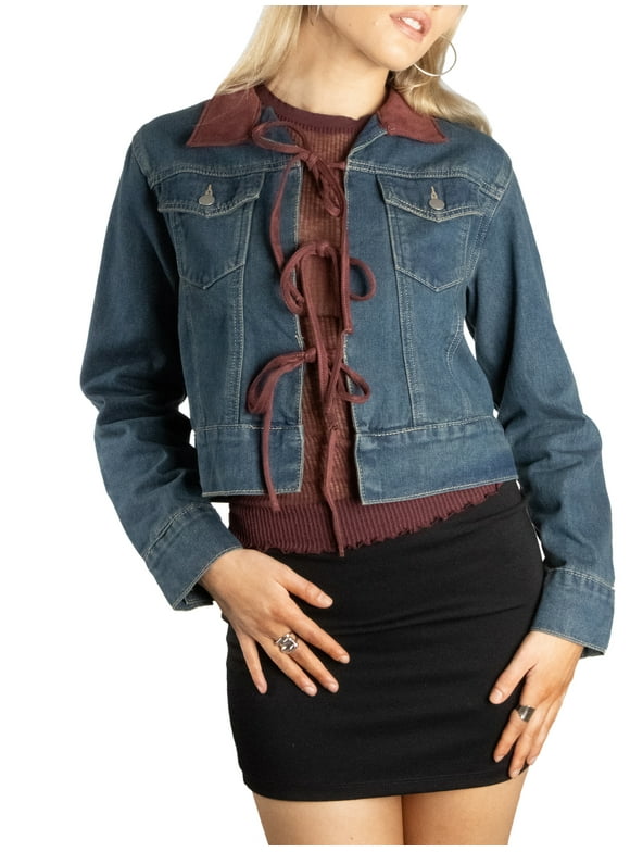 Women's Jackets Long Sleeves Collared Contrast Color Tie Denim Jacket XS Green Wash Denim/ Burgundy