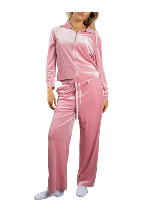 Women's Outfit Sets Long Sleeves Zip Jacket with Pants 2 Pieces Velour Tracksuit Set S Pink