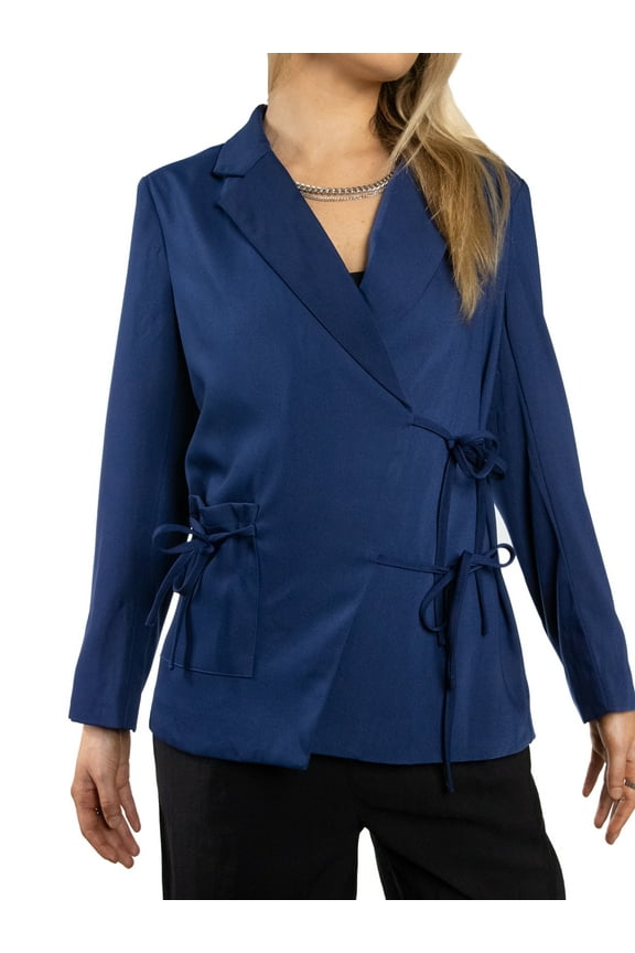 Women's Jackets Long Sleeves Notched Lapel Double Tie Wrap Office Blazer S Navy Blue