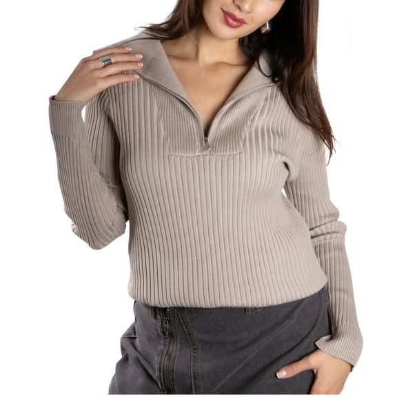 Jess by Meiko Women's Sweaters Long Sleeves Rib Knit Stretchy Fold-Over Collar Quarter Zip Sweater M Khaki