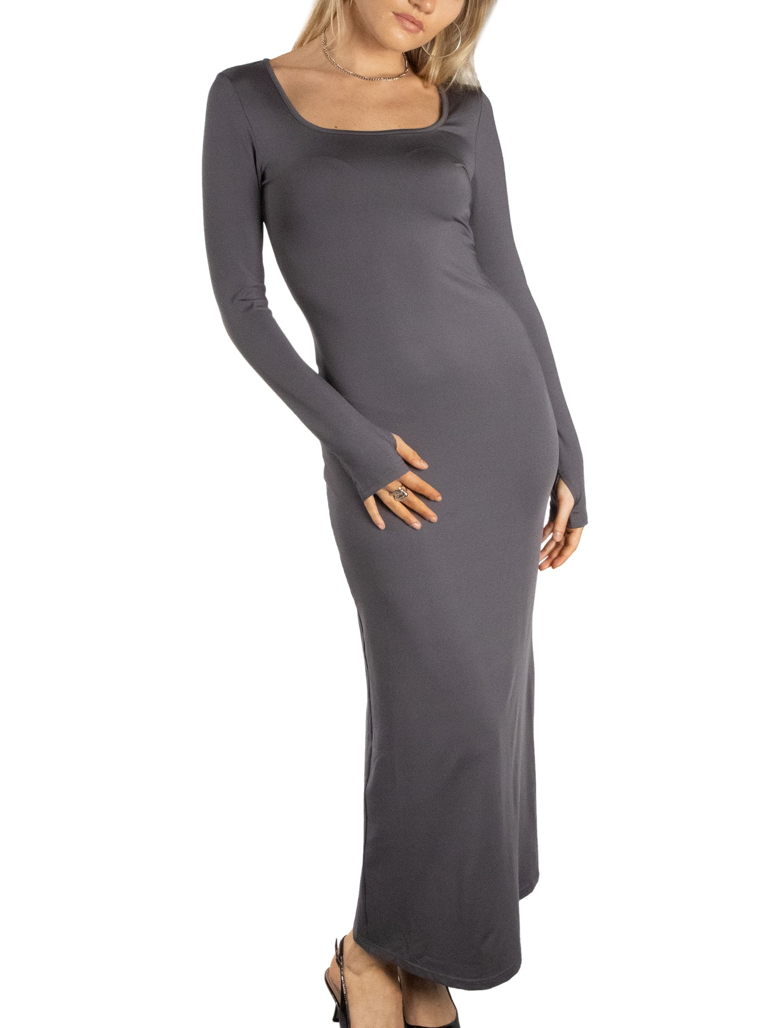 knee length dresses for ladies Black Fit & Flare Long-Sleeve Scoop-Neck Knit Maxi Dress with Thumb Holes S / Black / 95% Organic Cotton 5% Spandex main image 0