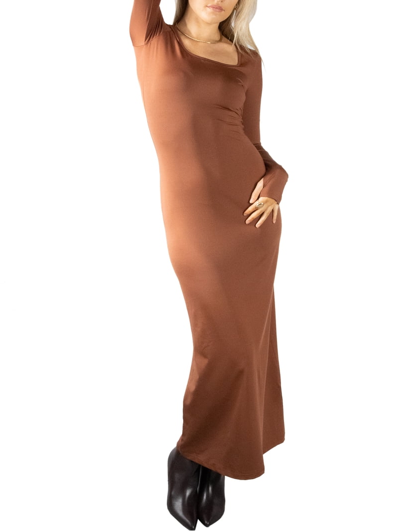 Jess by Meiko Women's Dress Long Sleeves Square Neck Thumb Hole Bodycon Sculpt Maxi Dress M Brown