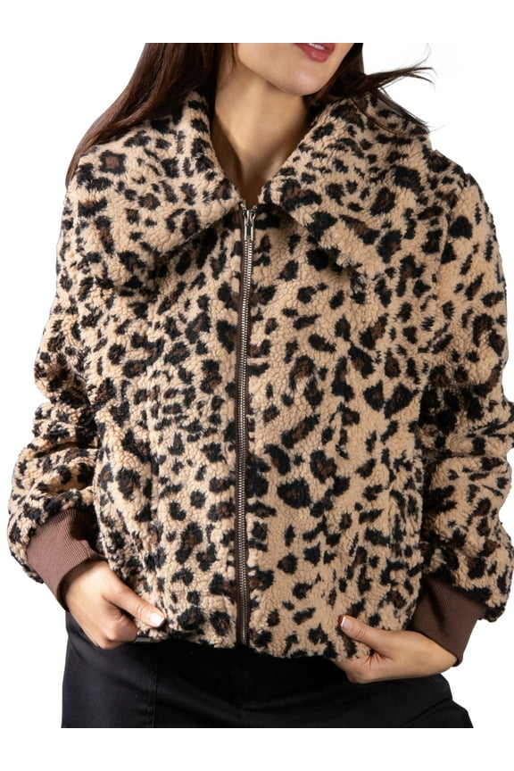 Women's Jackets Long Sleeve Oversized Collar Front Pockets Zipper Plush Bomber Jacket S Leopard