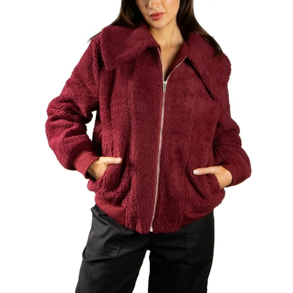 Jess by Meiko Women's Jackets Long Sleeve Oversized Collar Front Pockets Zipper Plush Bomber Jacket XL Burgundy