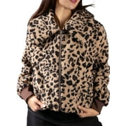 JESS BY MEIKO Women's Jackets Long Sleeve Oversized Collar Front Pockets Zipper Plush Bomber Jacket XS Leopard