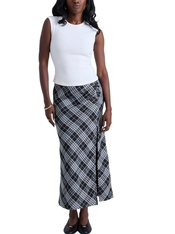 Women's Plaid Skirt High Slit Ruched Elastic Waistband Maxi Skirt Black L