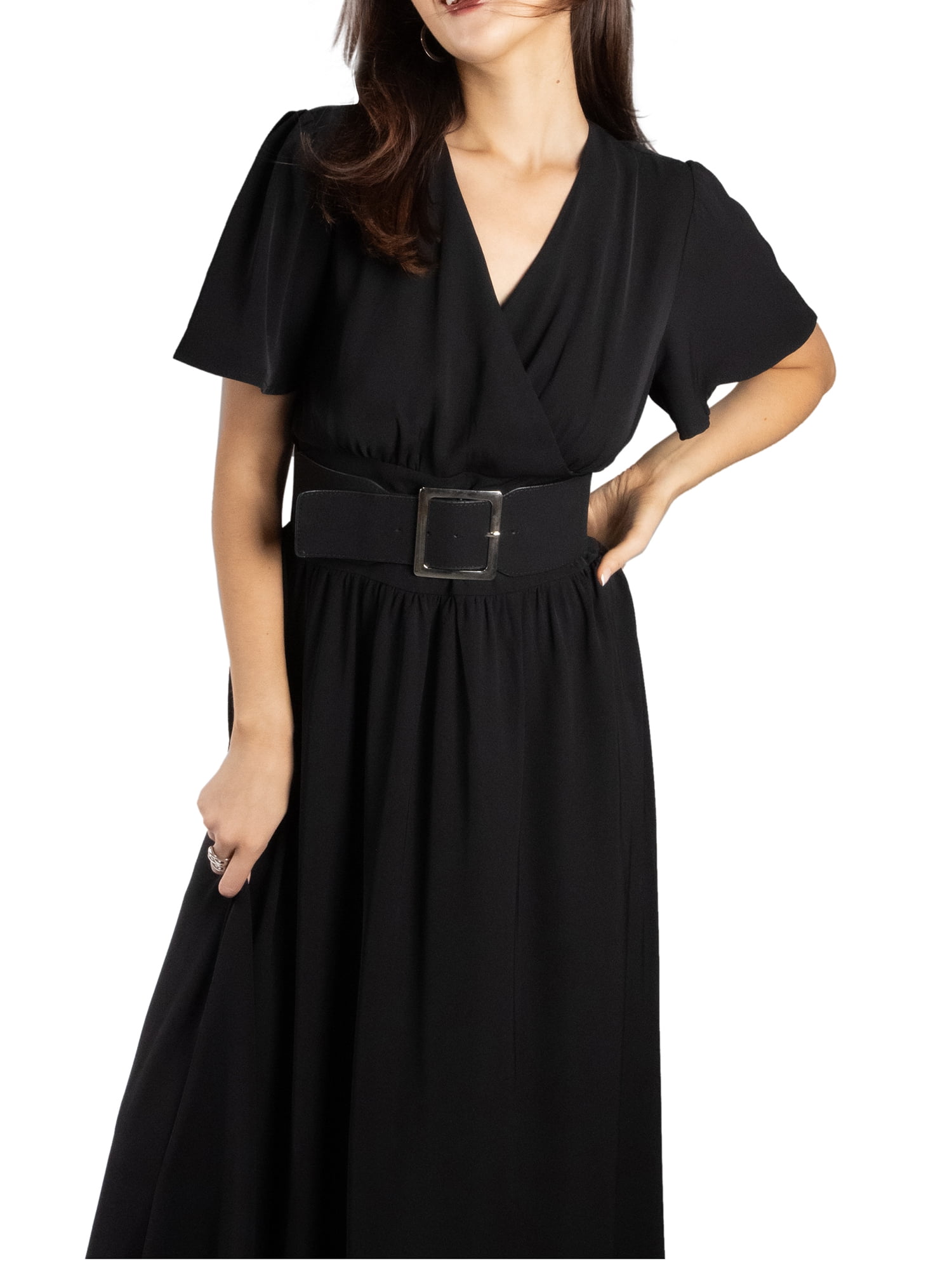 Jess by Meiko Women's Dress V Neck Flutter Sleeve Statement Buckle Waistband Midi Dress Xs Black