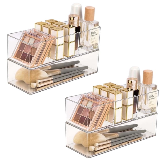 JessLab Clear Acrylic Drawer Organizer Set, 4-Pack Makeup and Bathroom Storage Bins with 1 & 3 Compartments