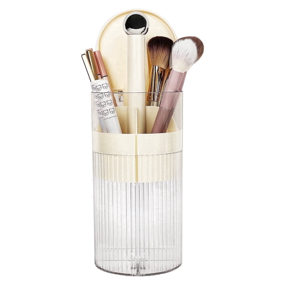 JessLab White Makeup Brush Holder, 4 Compartments Vanity Organizer with Pop-Up Lid