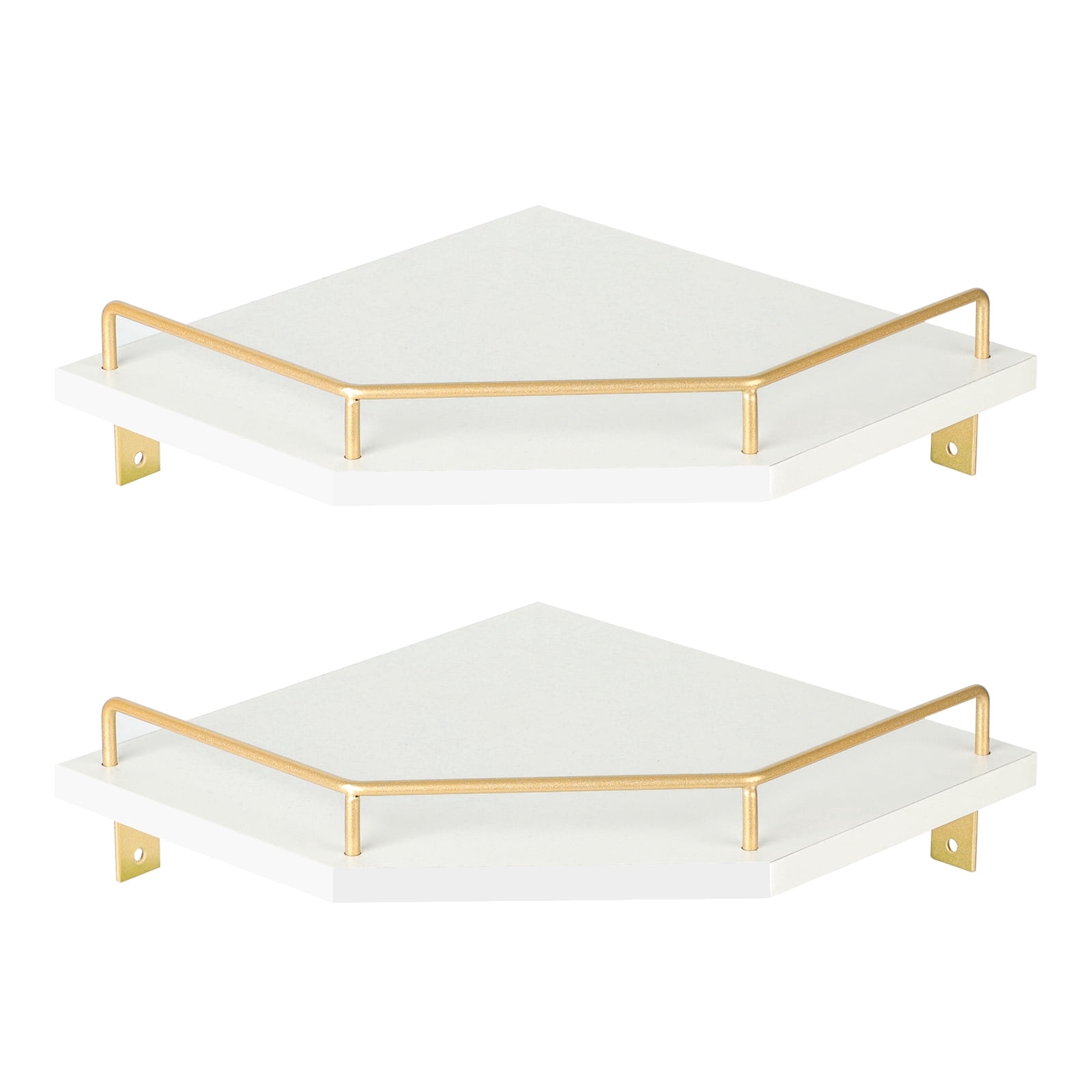Jessac White Wall Mount Corner Shelf with Gold Metal Guardrail, 2-Tier 9.5-inch Diamond-Shaped Wood Corner Floating Shelves for Home Decor Kitchen Organizer