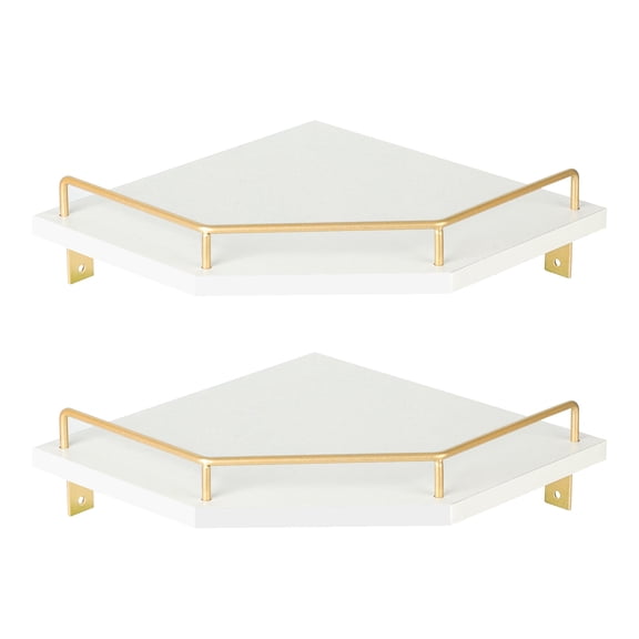 Jessac White Wall Mount Corner Shelf with Gold Metal Guardrail, 2-Tier 9.5-inch Diamond-Shaped Wood Corner Floating Shelves for Home Decor Kitchen Organizer