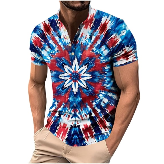 Jessboyy 4th of July Men's Shirts Trendy Tie Dye Graphic Tees Summer Short Sleeve Independence Day Patriotic Shirt Holiday Button up Henley Shirts Multicolor,M