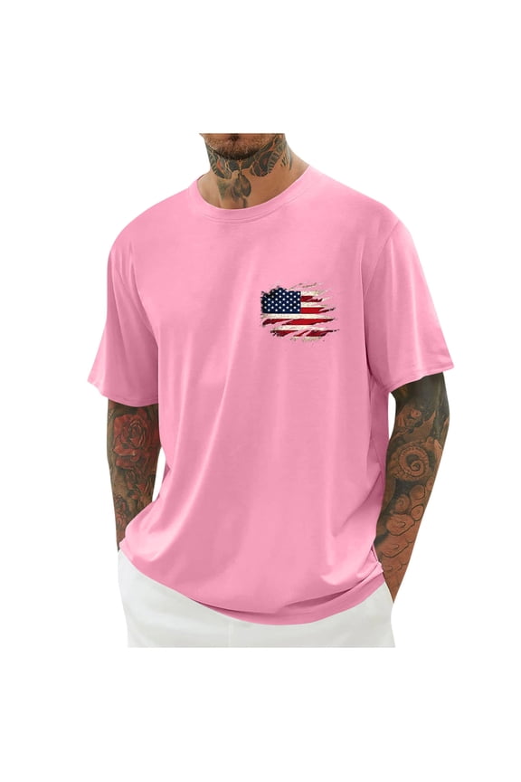 4th of July Shirts for Men Big and Tall Independence Day USA Flag Printed T Shirts Short Sleeve Crew Neck Patriotic Tshirts Holiday Tops Pink,XXXXL