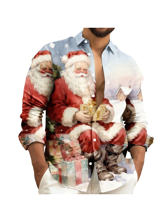 Big and Tall Santa Shirts for Men Button Down Office Work Shirt Funny Merry Xmas Party Tops Long Sleeve Wrinkle Free Business Blouses Red,XXXXL