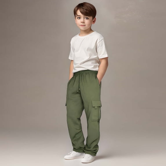 Jessboyy Boys Sweatpants Size 7 Straight Leg Open Bottom Cargo Sweatpants Elastic Waist Drawstring Casual Boys Pants with Pockets Army Green